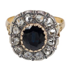 Antique 18 Karat Gold, Silver, Sapphire and Diamond Cluster Ring, Early 1900