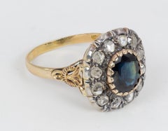 Antique 18 Karat Gold, Silver, Sapphire and Diamond Cluster Ring, Early 1900