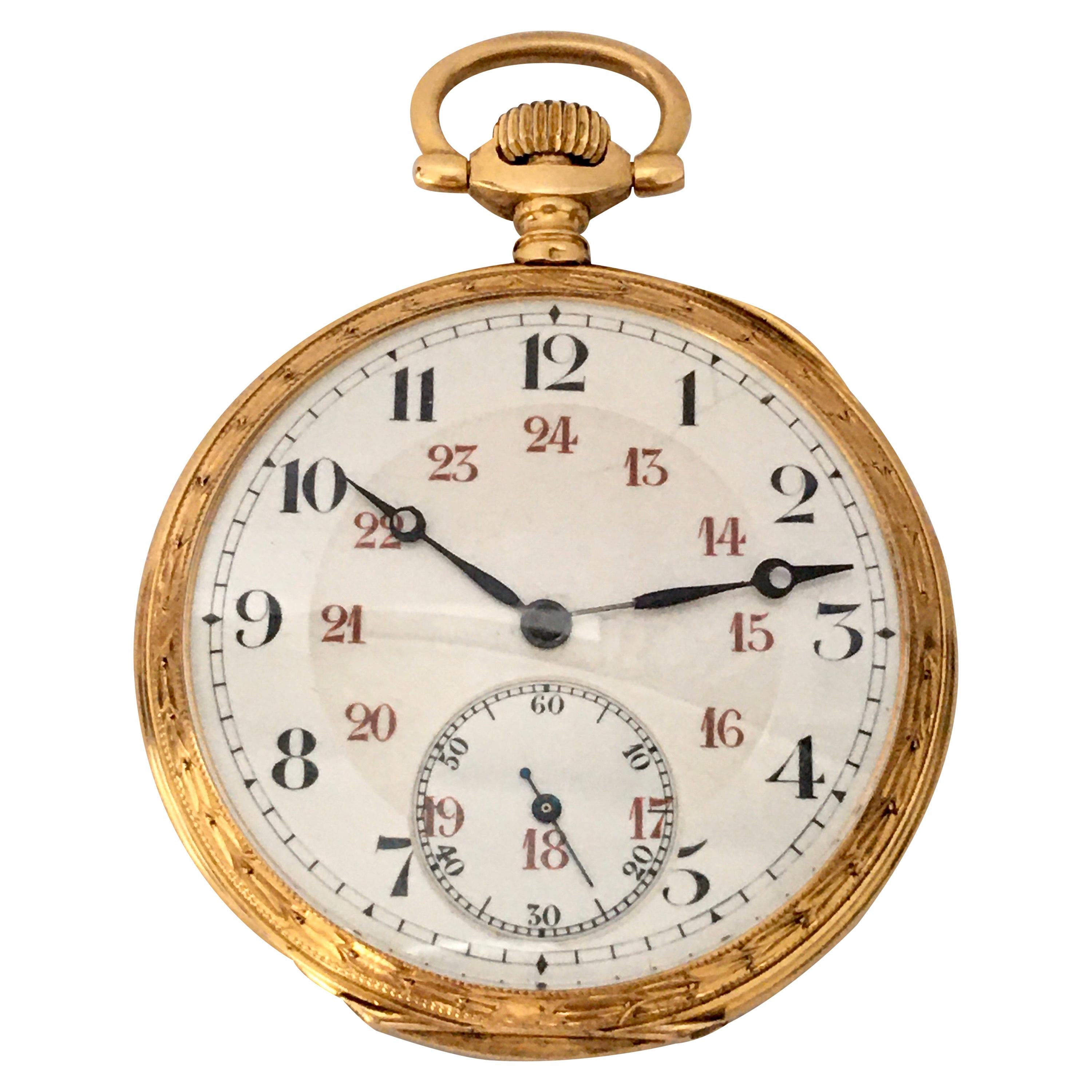 This beautifully 18K Gold Full engraved case antique Dress Pocket Watch is in good Working condition and it is recently been serviced and runs well. This watch weighed 64.8 grams and and measured 50mm case diameter excluding crown. 

Please study