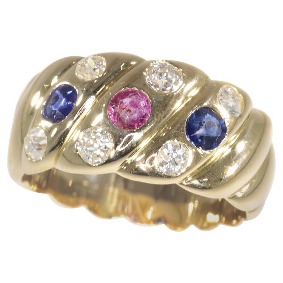 Antique 18 Karat Gold Victorian Diamond Sapphire and Ruby Engagement Ring, 1880s For Sale