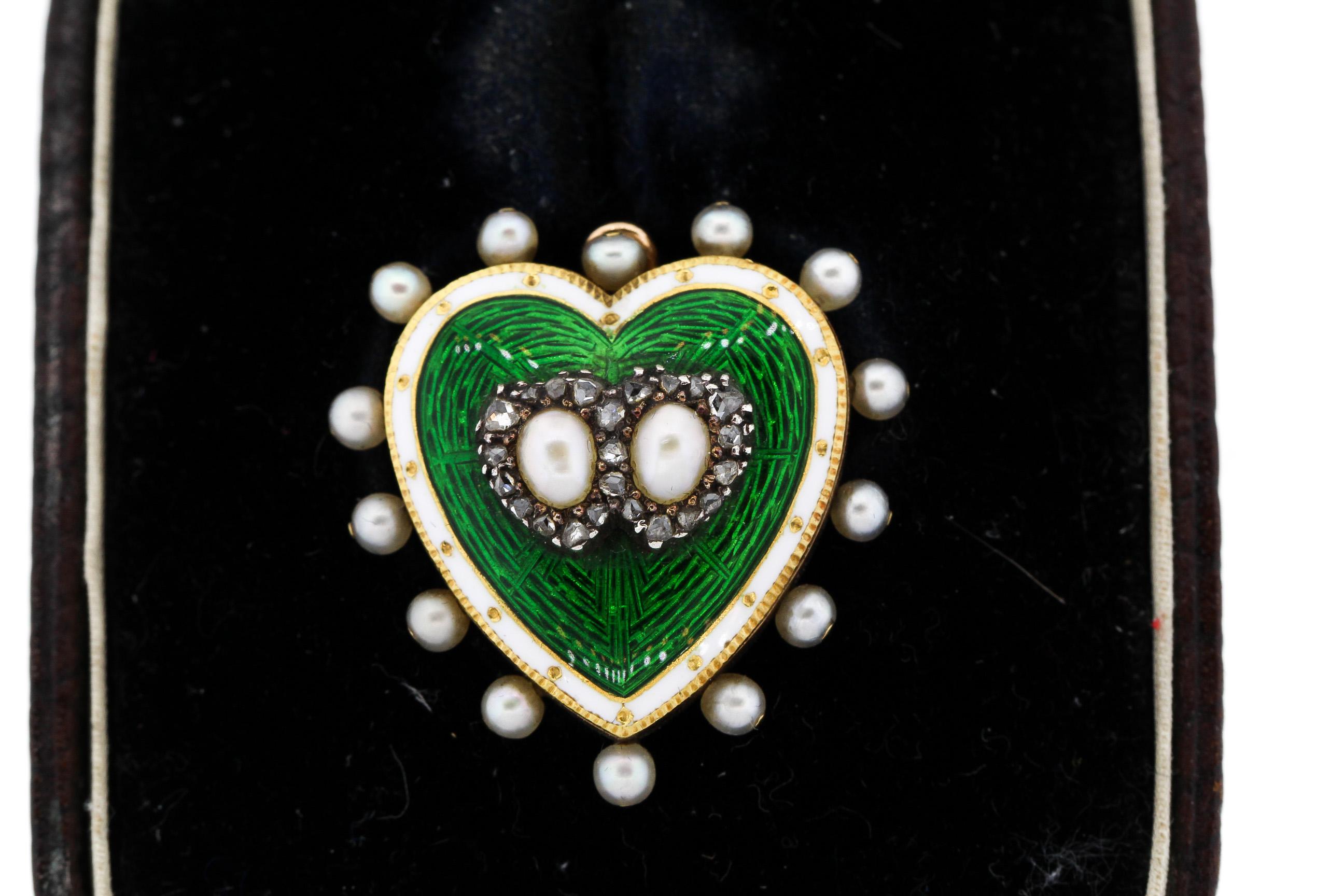 High Victorian Antique 18 Karat Green and White Enamel Pearl Diamond Heart Pin Pendant