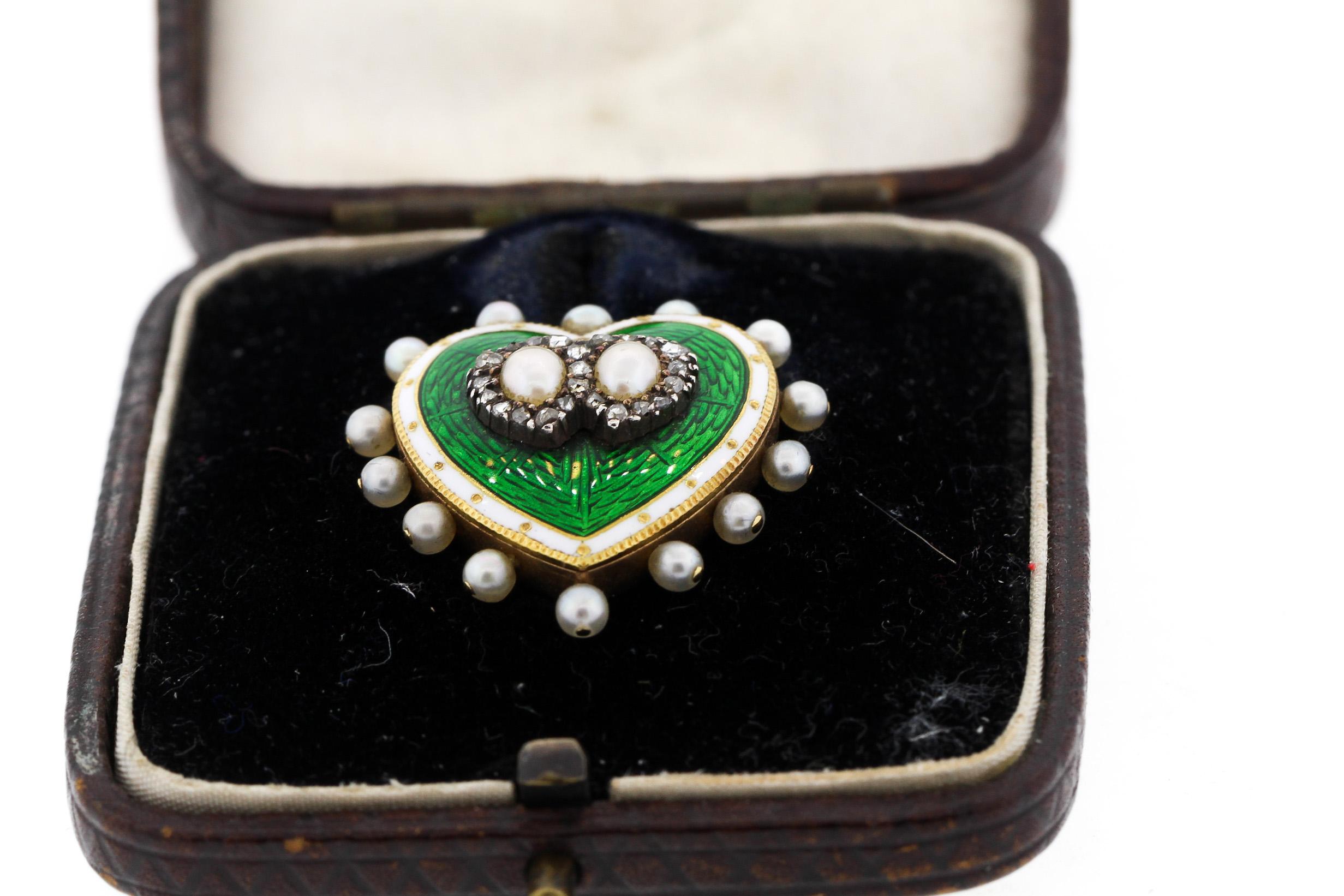 Rose Cut Antique 18 Karat Green and White Enamel Pearl Diamond Heart Pin Pendant