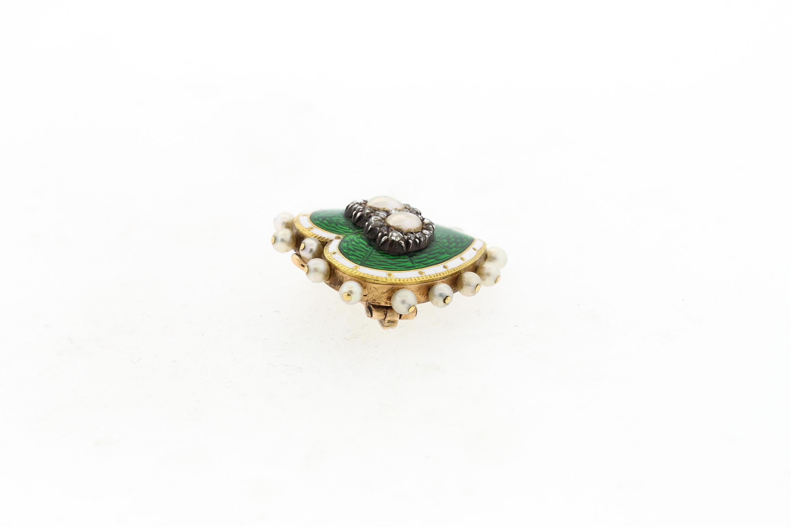 Women's or Men's Antique 18 Karat Green and White Enamel Pearl Diamond Heart Pin Pendant