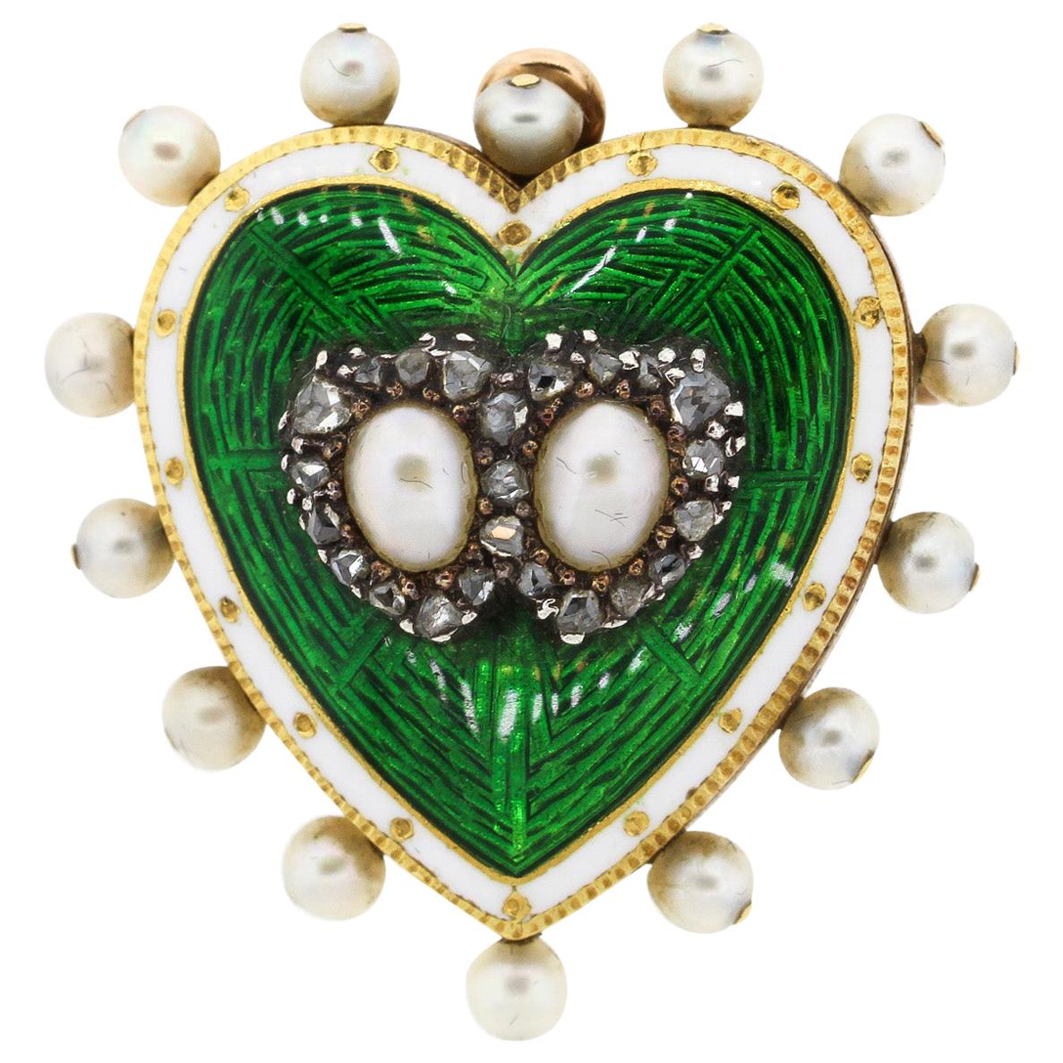 Antique 18 Karat Green and White Enamel Pearl Diamond Heart Pin Pendant