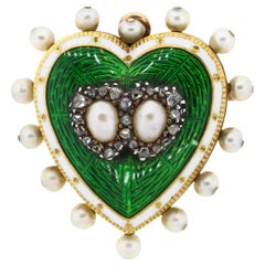 Antique 18 Karat Green and White Enamel Pearl Diamond Heart Pin Pendant