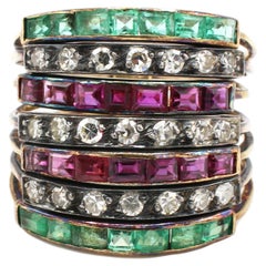 Antique 18 Karat Multi Row Diamond Ruby & Emerald Gemstone Ring