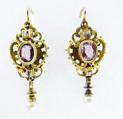 Antique 18 Karat Natural Pink Topaz Diamond Pearl Necklace and Earring Set