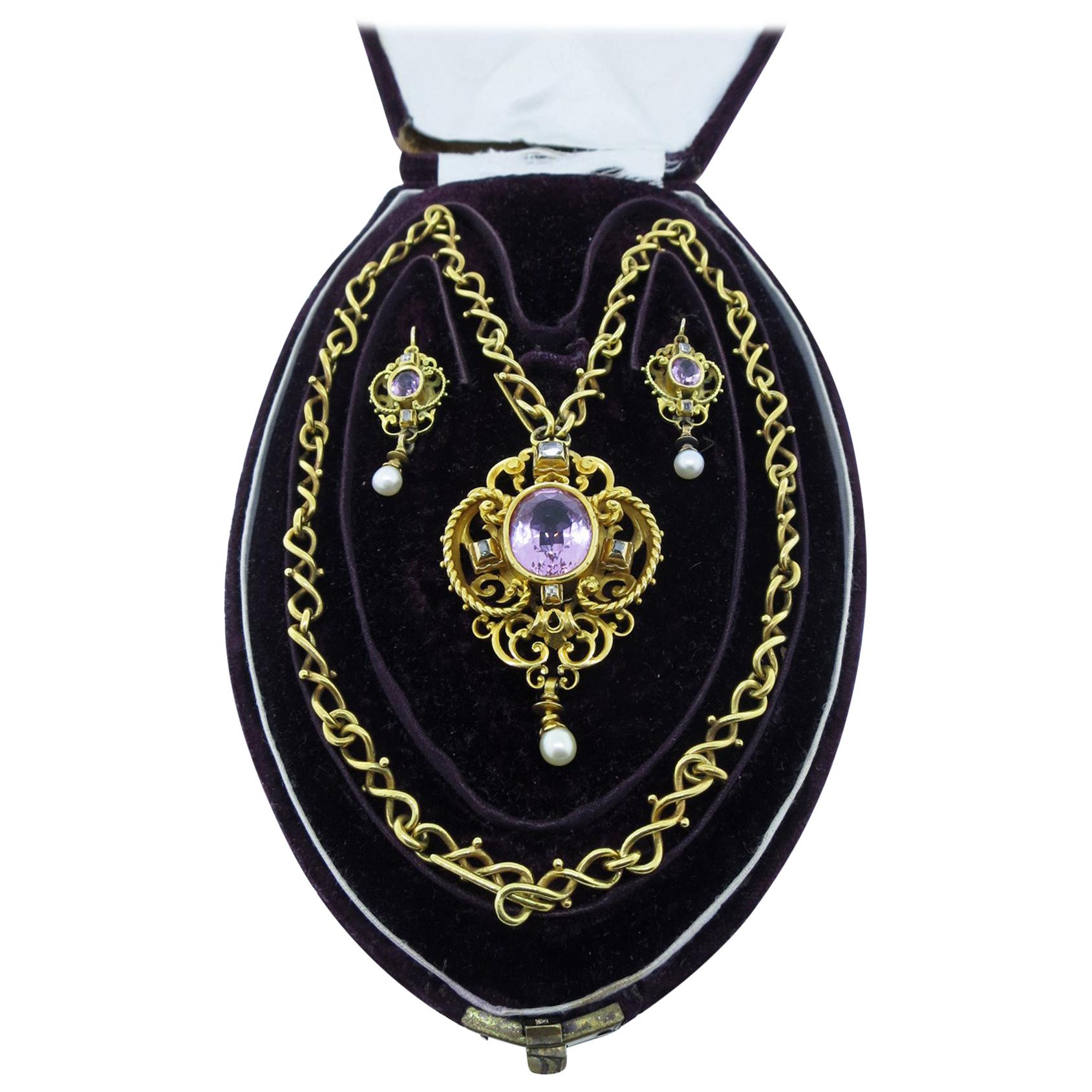 Antique 18 Karat Natural Pink Topaz Diamond Pearl Necklace and Earring Set For Sale at 1stDibs