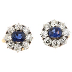 Antique Victorian 18 Karat Old Mine Diamond Sapphire Cluster Earrings