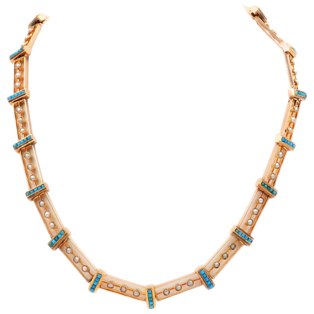Antique 18 Karat Rose Gold Turquoise and Oriental Pearl Necklace, circa 1880