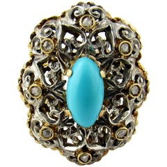 Antique 18 Karat White and Yellow Gold Turquoise Diamond Ring