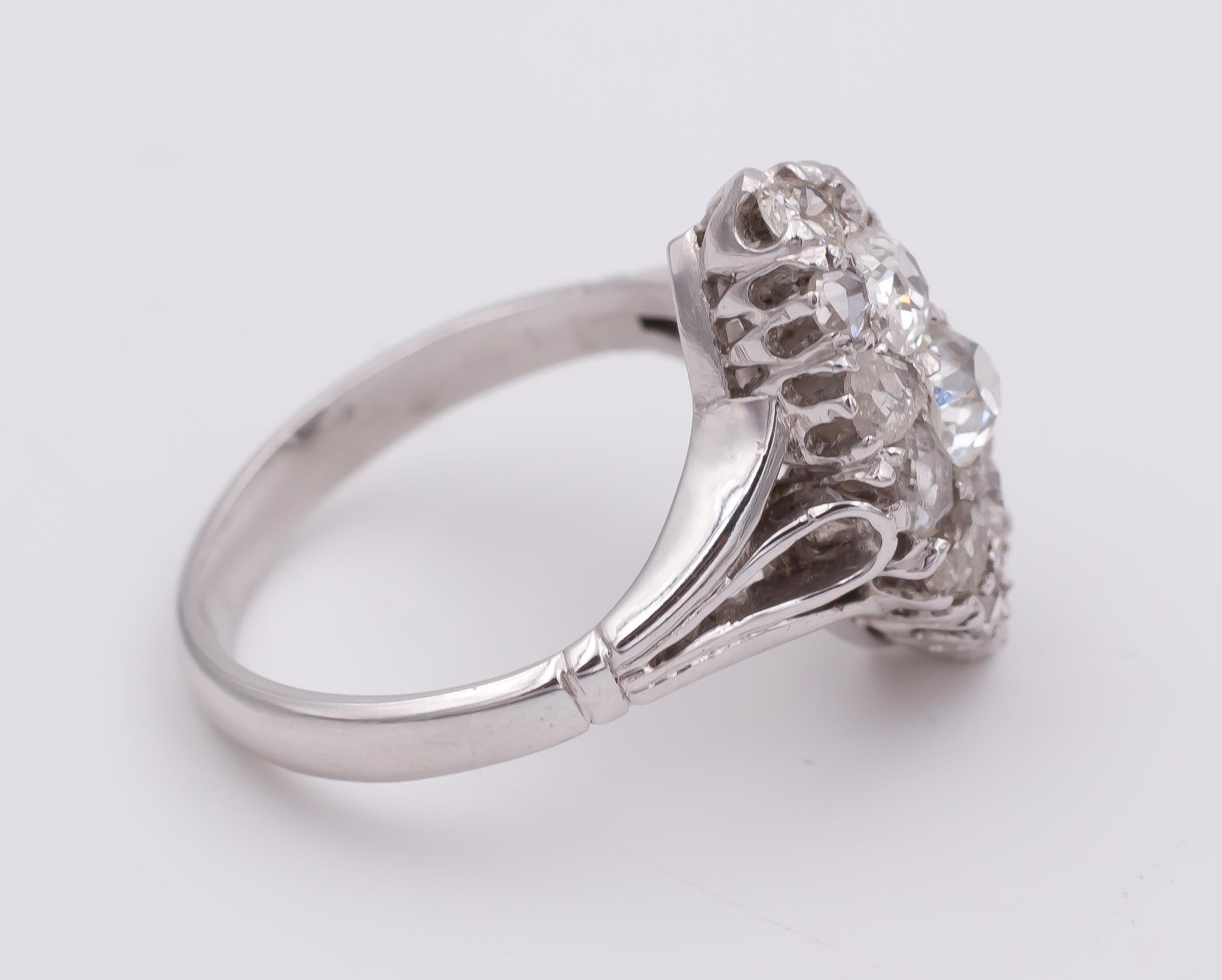 Round Cut Antique 18 Karat White Gold and Diamond Navette Ring, 1930s For Sale