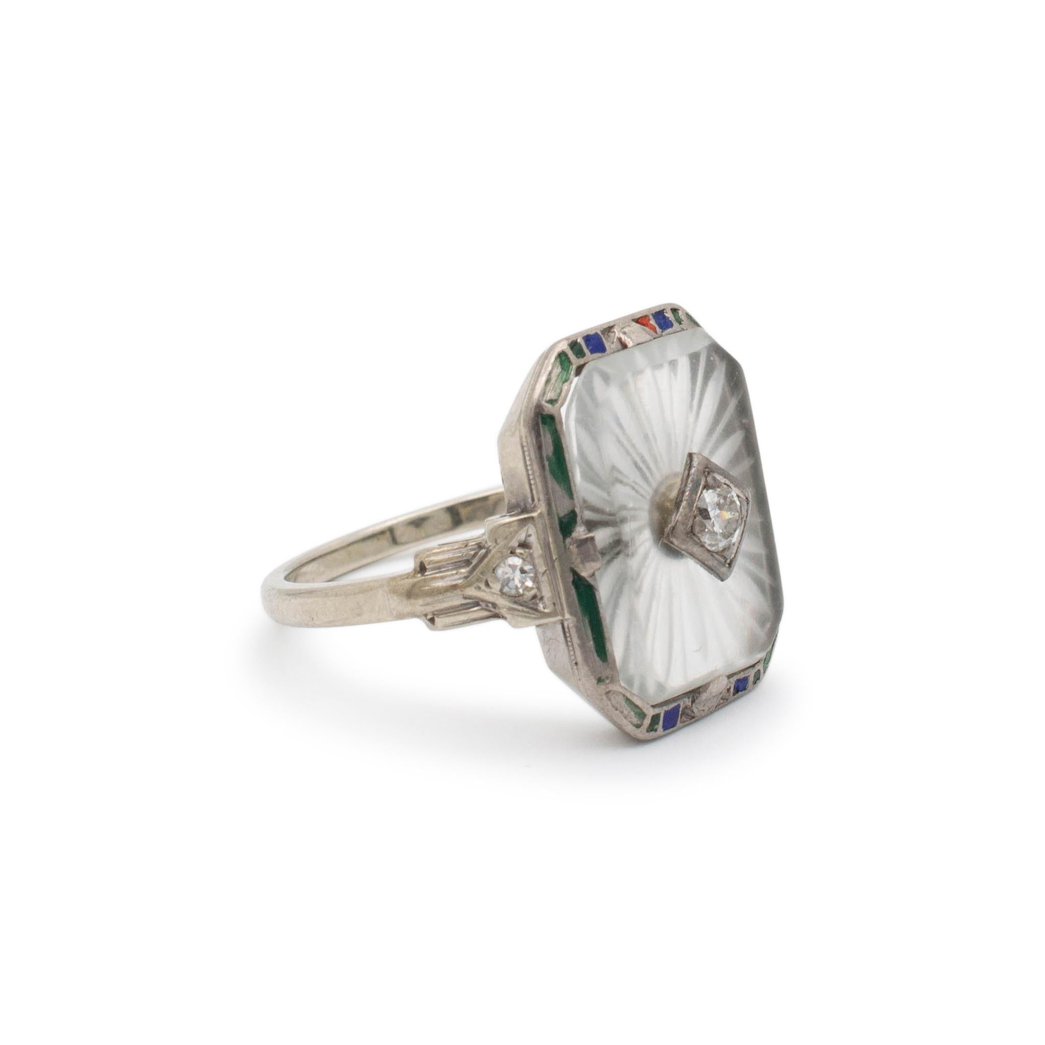 Old European Cut Antique 18 Karat White Gold Diamond Blue and Green Enamel Cocktail Ring For Sale