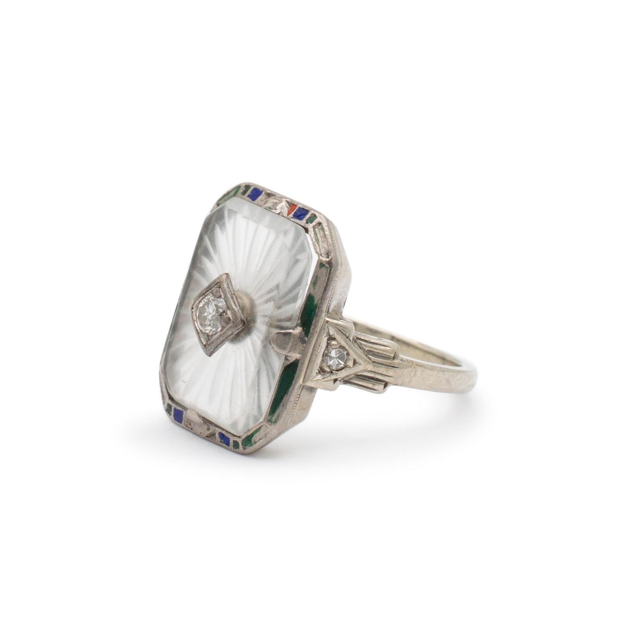 Antique 18 Karat White Gold Diamond Blue and Green Enamel Cocktail Ring In Excellent Condition For Sale In Houston, TX