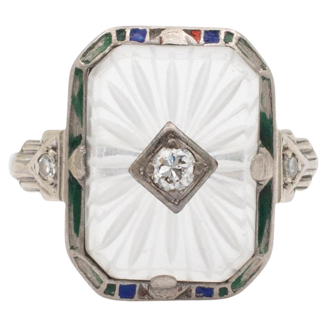 Antique 18 Karat White Gold Diamond Blue and Green Enamel Cocktail Ring For Sale