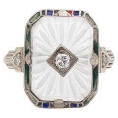 Antique 18 Karat White Gold Diamond Blue and Green Enamel Cocktail Ring