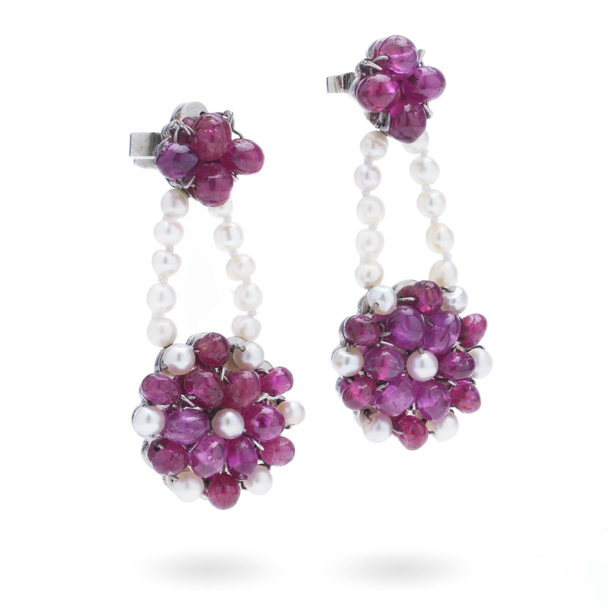 Round Cut 18-Karat White Gold Floral Drop Earrings with Burma Rubies and Pearls For Sale