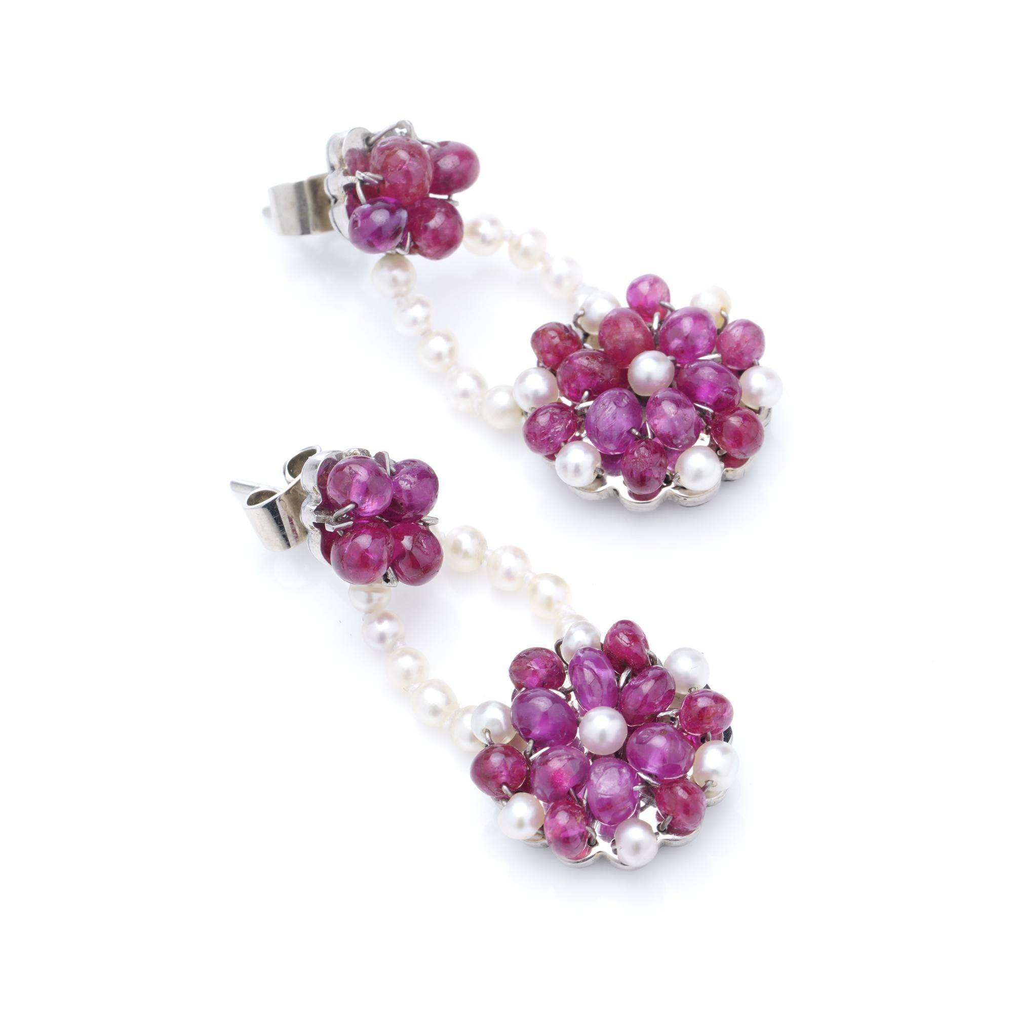 Women's 18-Karat White Gold Floral Drop Earrings with Burma Rubies and Pearls For Sale