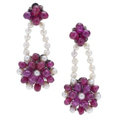 18-Karat White Gold Floral Drop Earrings with Burma Rubies and Pearls