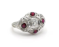Antique 18 Karat White Gold Old Mine Cut Diamond & Ruby Filigree Cocktail Ring