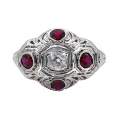 Antique 18 Karat White Gold Old Mine Cut Diamond & Ruby Filigree Cocktail Ring