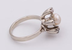 Antique 18 Karat White Gold, Pearl and Diamond Ring, 1930s