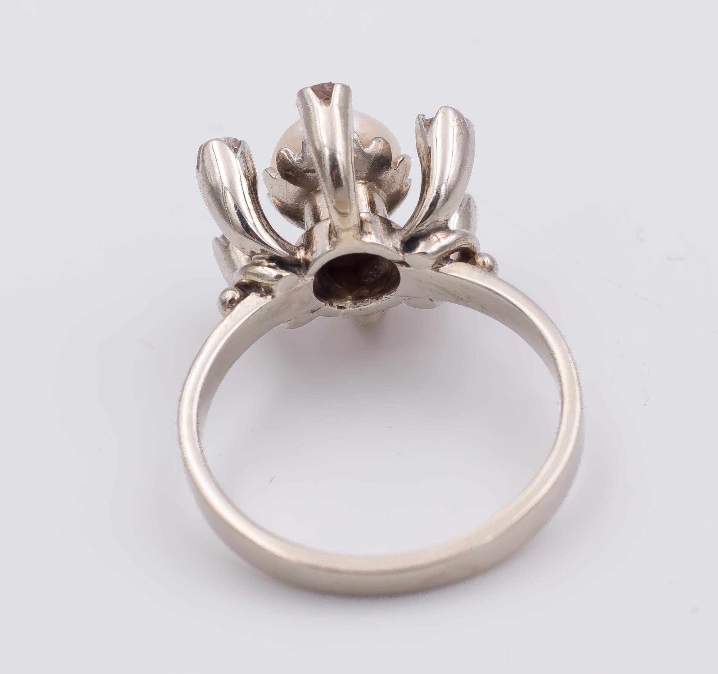 Rose Cut Antique 18 Karat White Gold, Pearl and Diamond Ring, 1930s For Sale