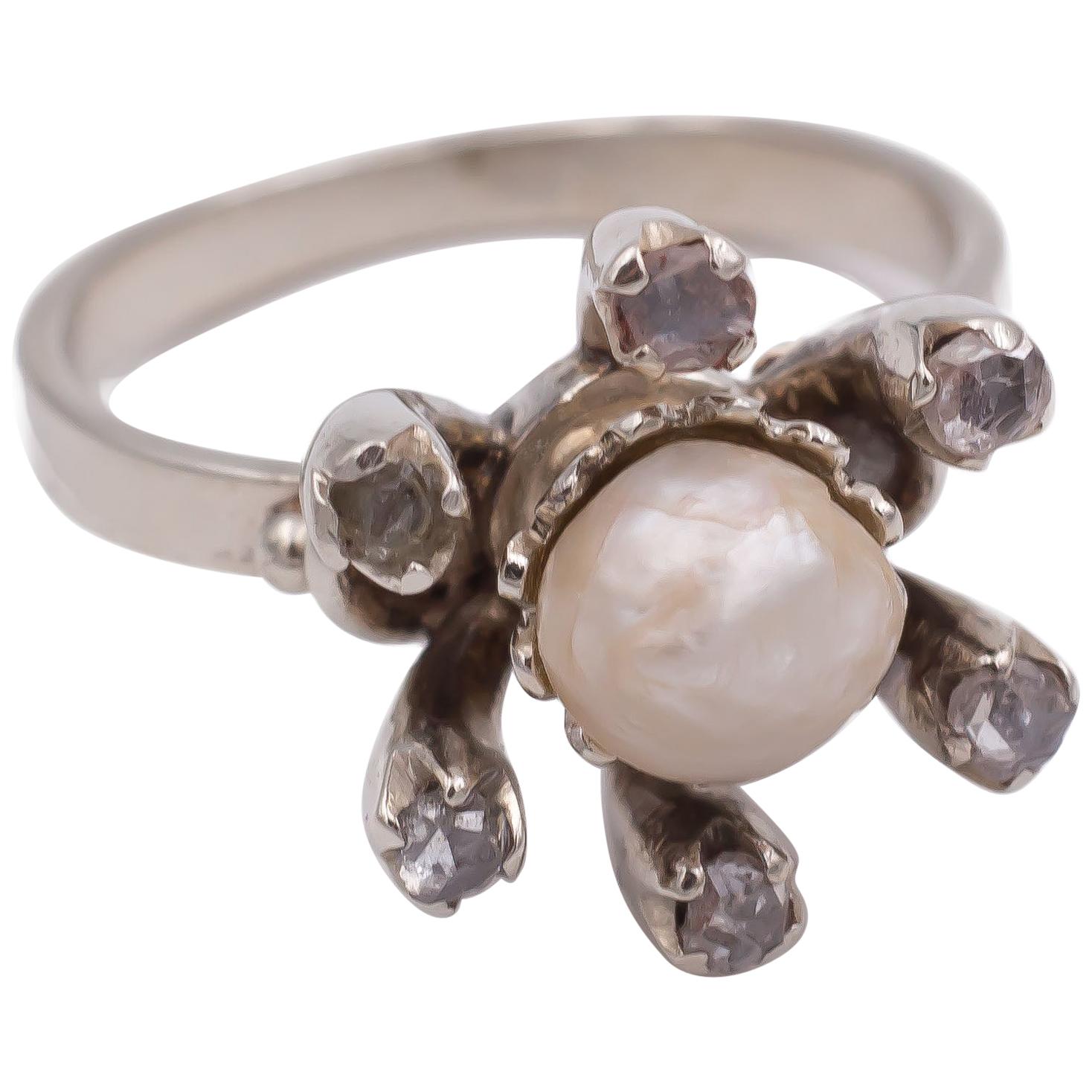 Antique 18 Karat White Gold, Pearl and Diamond Ring, 1930s For Sale