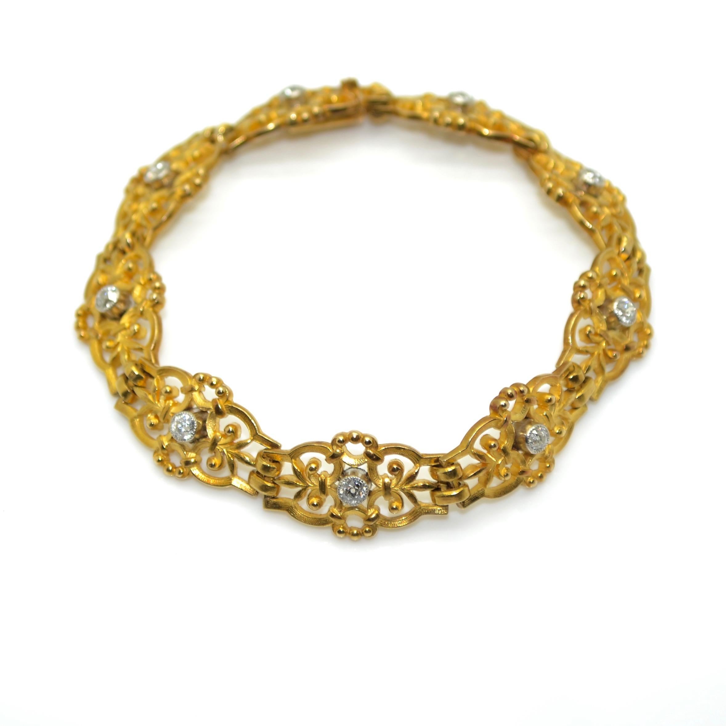 French Antique Gold and diaonds Bracelet, circa 1850
The bracelet is made of nine 18k yellow gold links set with Old European cut diamonds (estimated total weight 0.75 carats G-H color and SI clarity). 
This elegant bracelet is weighting 29.30g and