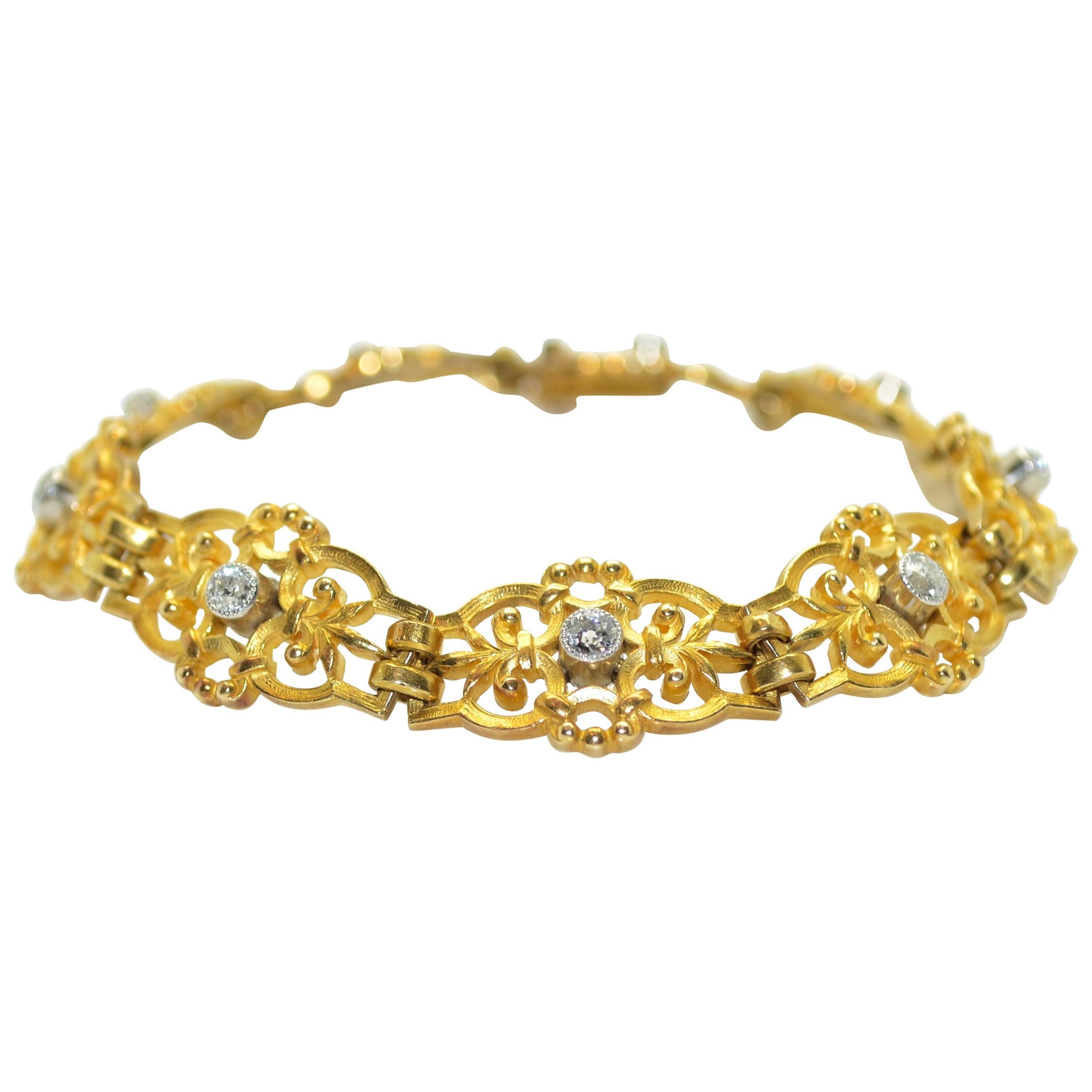 Antique 18 Karat Yellow Gold and Diamonds French Bracelet
