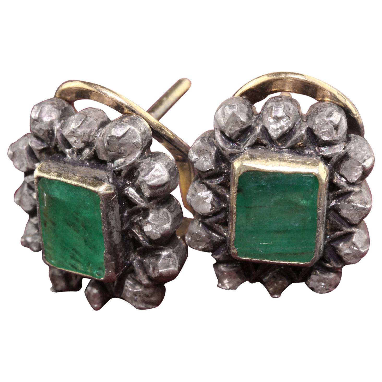 Antique 18 Karat Yellow Gold and Silver Top, Emerald and Diamond Earrings