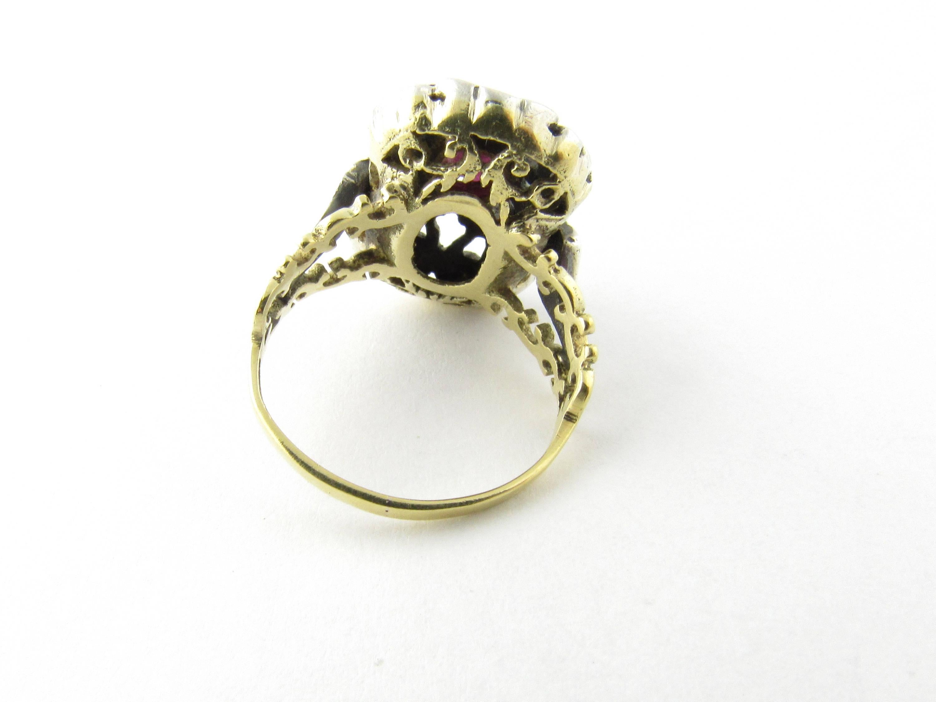 Round Cut Antique 18 Karat Yellow Gold and Sterling Silver Natural Ruby and Diamond Ring For Sale