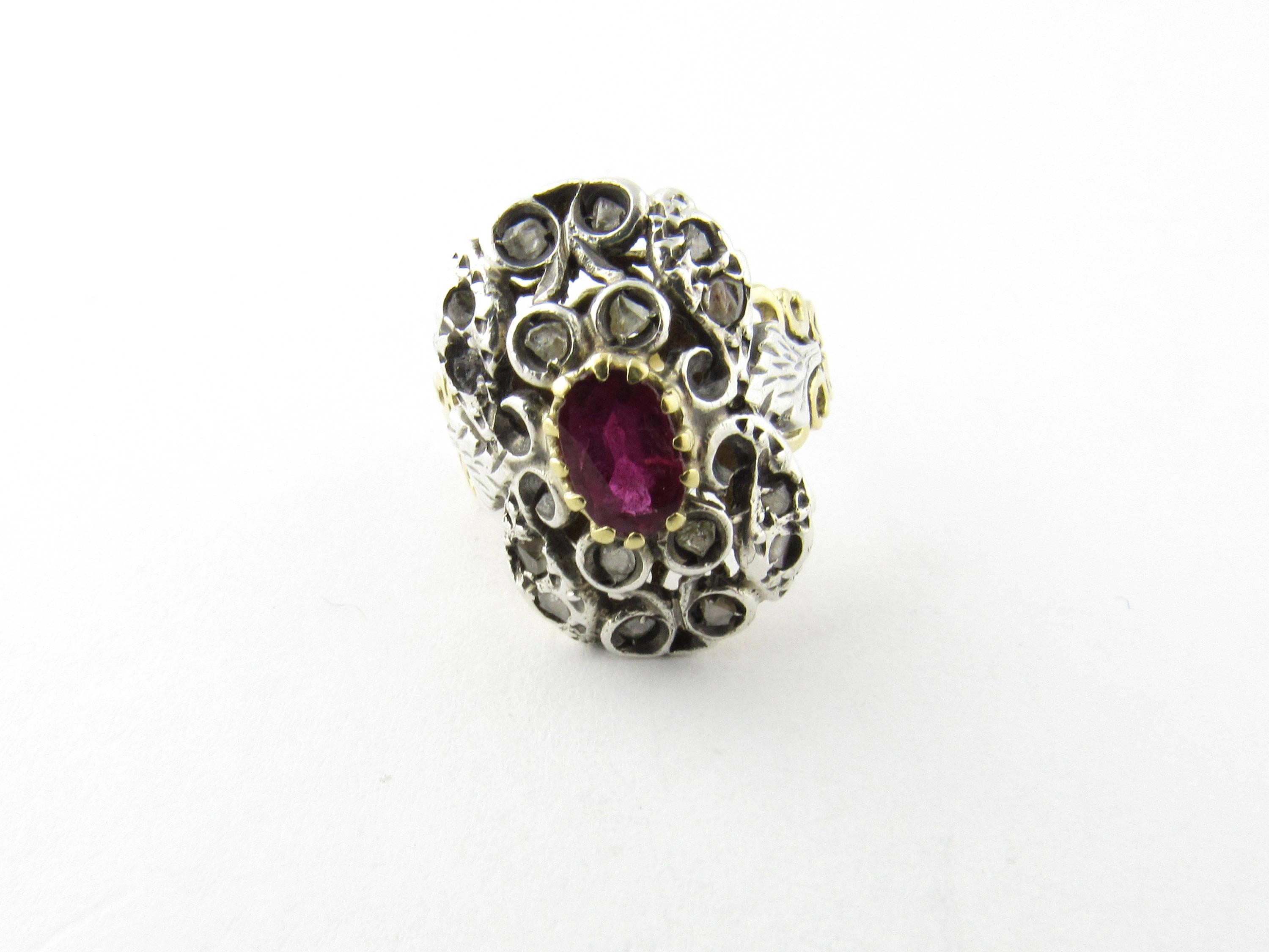 Women's Antique 18 Karat Yellow Gold and Sterling Silver Natural Ruby and Diamond Ring For Sale