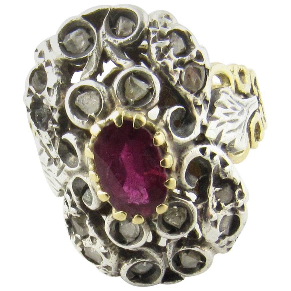 Antique 18 Karat Yellow Gold and Sterling Silver Natural Ruby and Diamond Ring For Sale