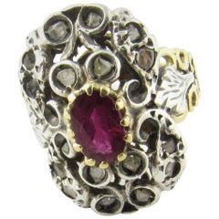 Antique 18 Karat Yellow Gold and Sterling Silver Natural Ruby and Diamond Ring