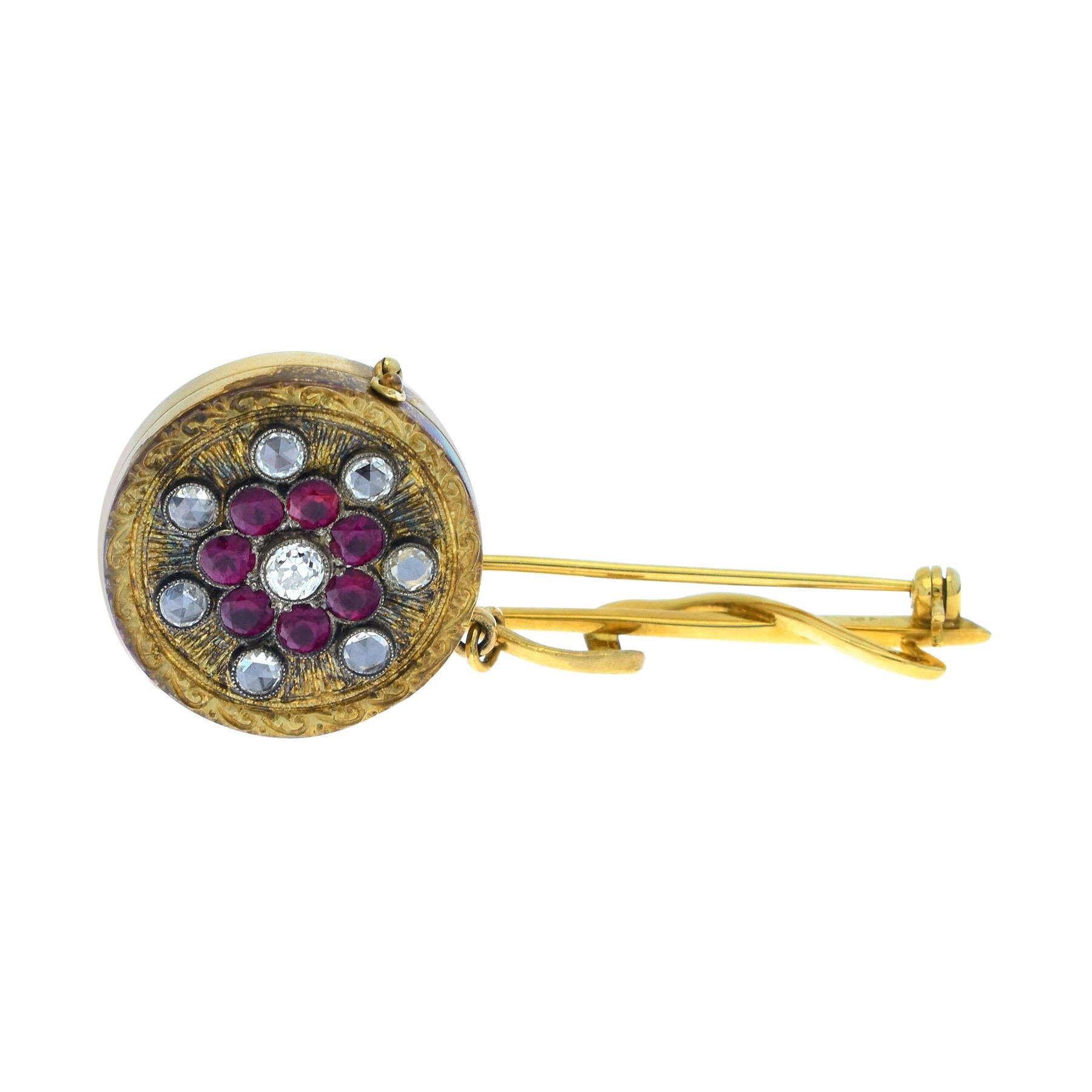 Antique 18 Karat Yellow Gold Brooch/Locket Ruby, Diamond and Rose Cut Diamond For Sale