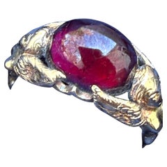 Antique 18 Karat Yellow Gold Cabochon Garnet Angel Ring Sz8 Renaissance Revival