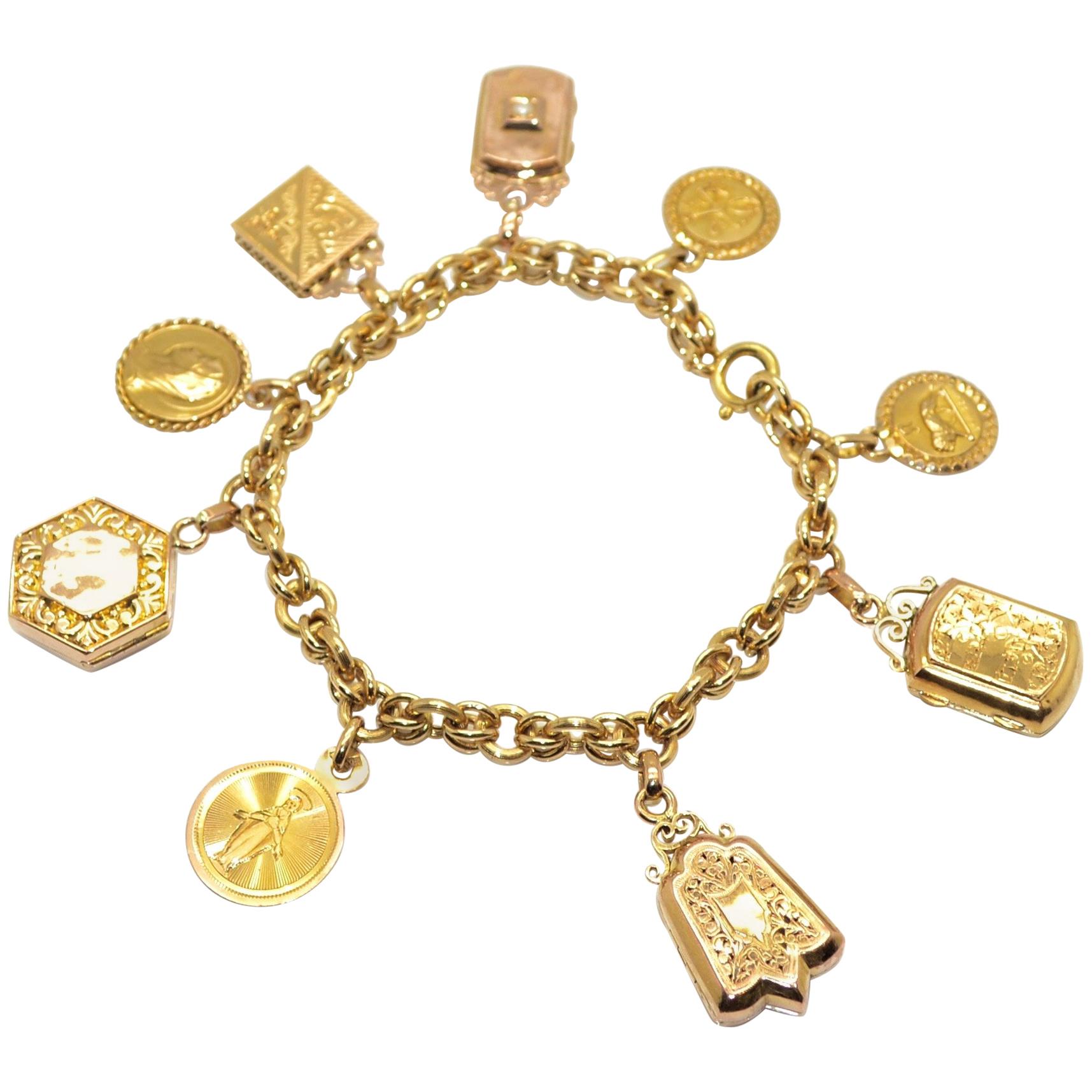 Antique 18 Karat Yellow Gold Charm French Bracelet For Sale