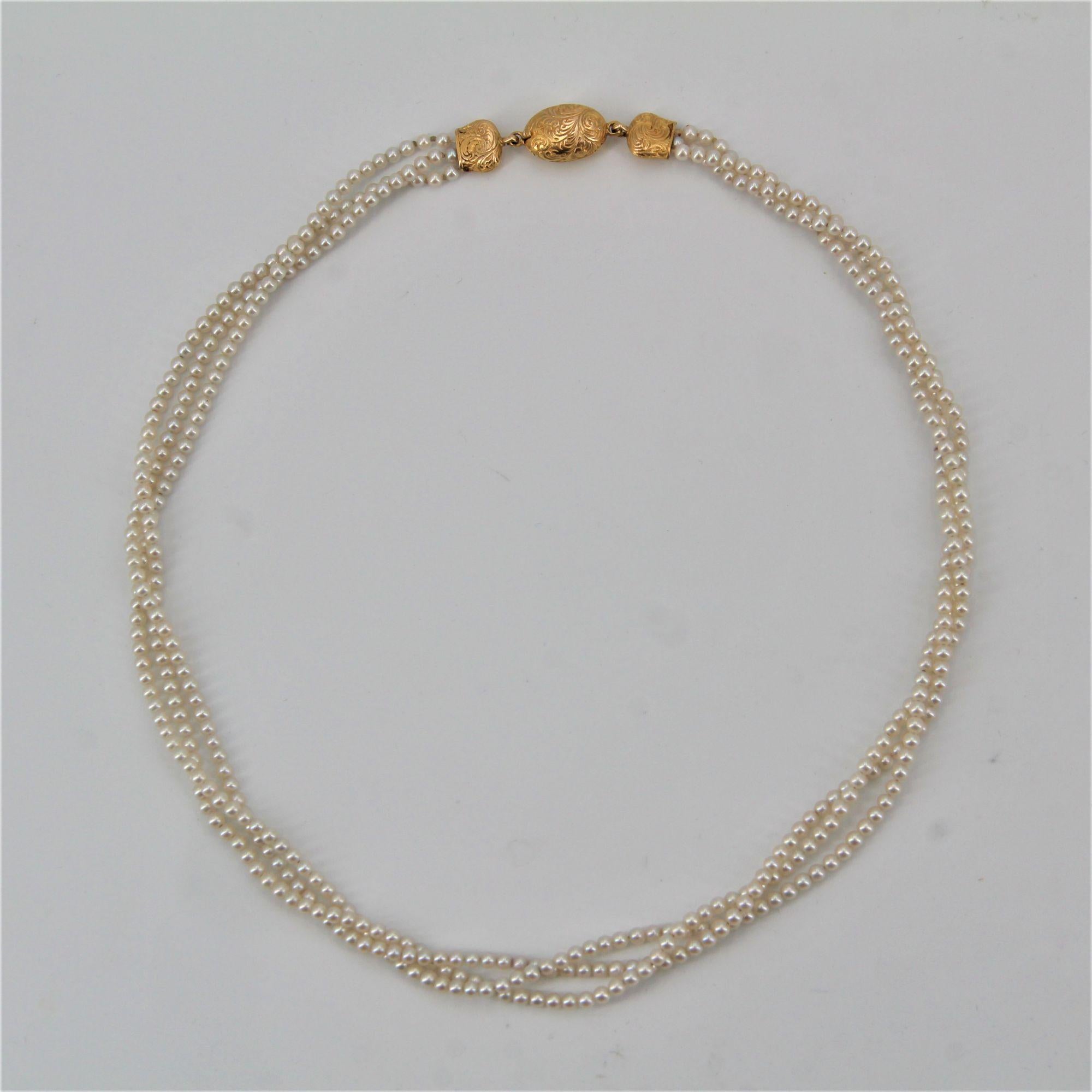 Napoléon III Collier ancien en or jaune 18 carats à trois rangées de perles de culture en vente