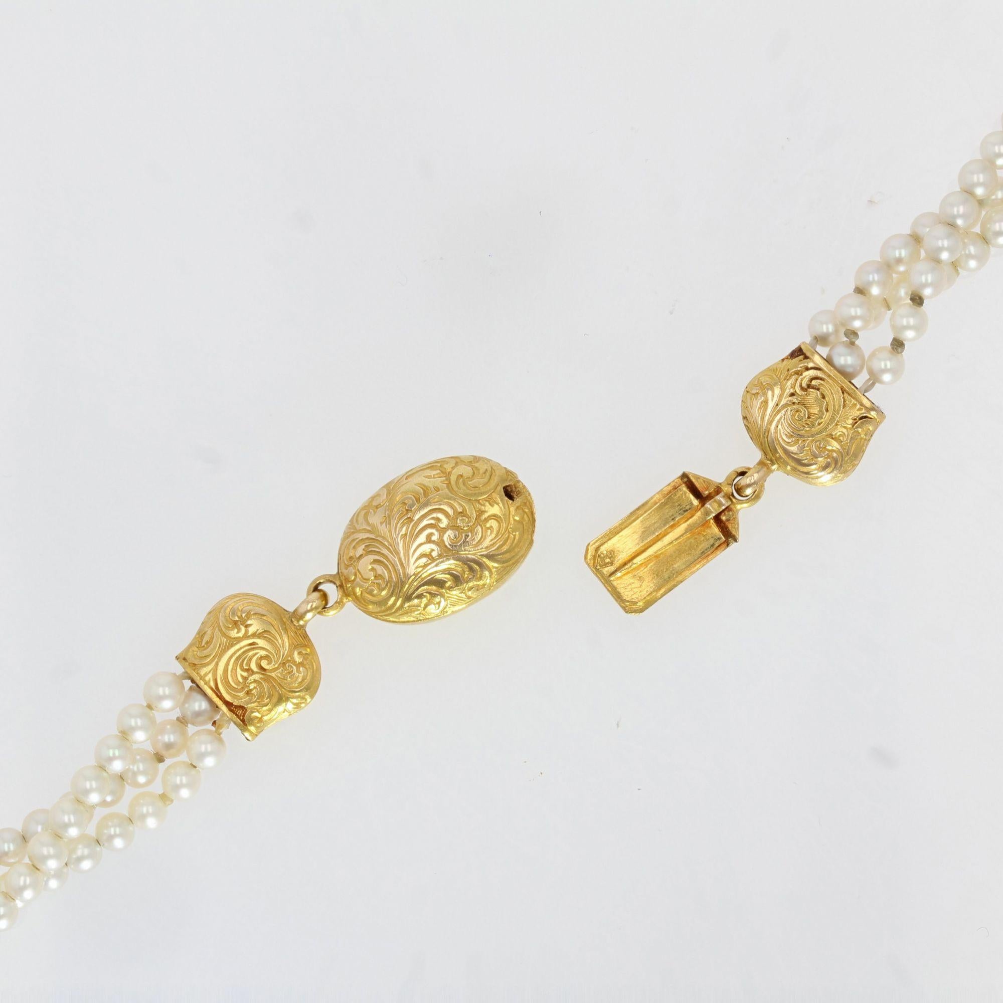Collier ancien en or jaune 18 carats à trois rangées de perles de culture en vente 1