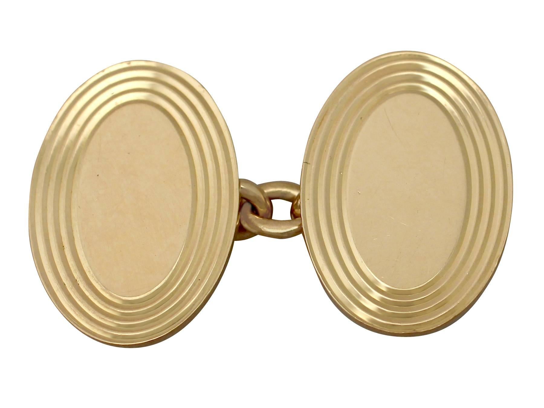 A fine and impressive pair of antique 18 karat yellow gold cufflinks; part of our diverse antique estate jewelry collections.

These fine and impressive antique gents cufflinks have been crafted in 18k yellow gold.

The links have an oval form.

The