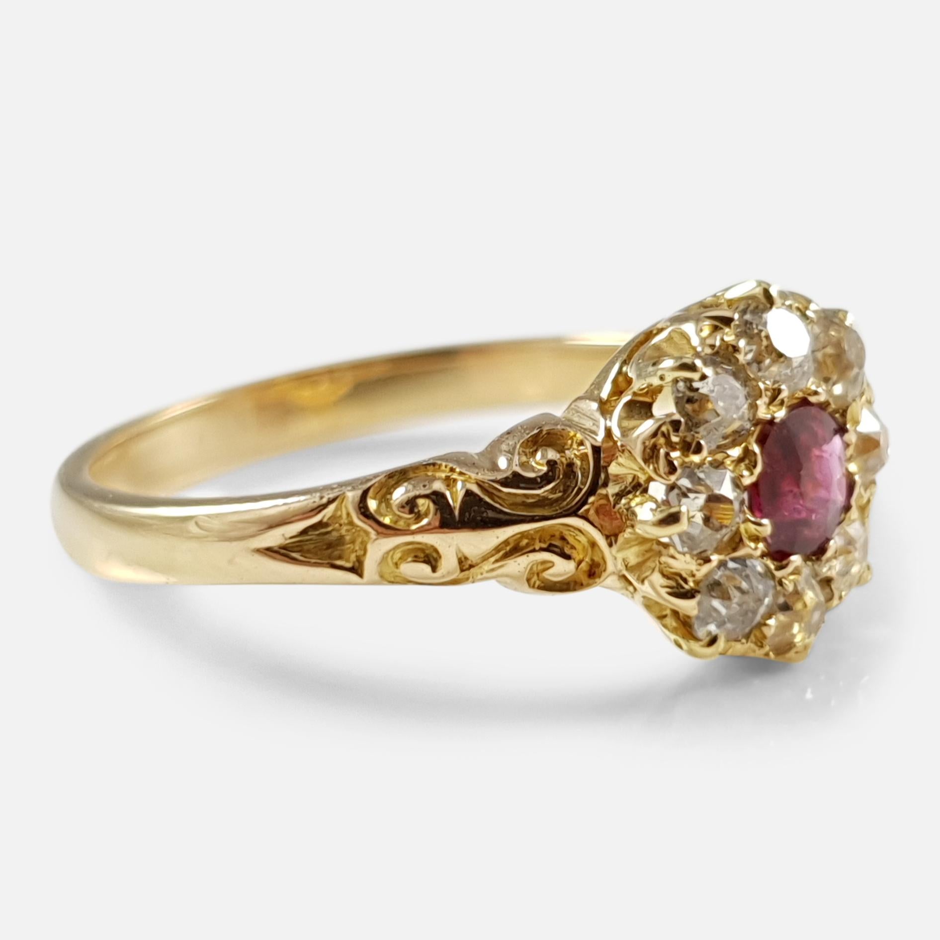 Antique 18 Karat Yellow Gold Edwardian Ruby and Diamond Cluster Ring In Good Condition In Glasgow, GB