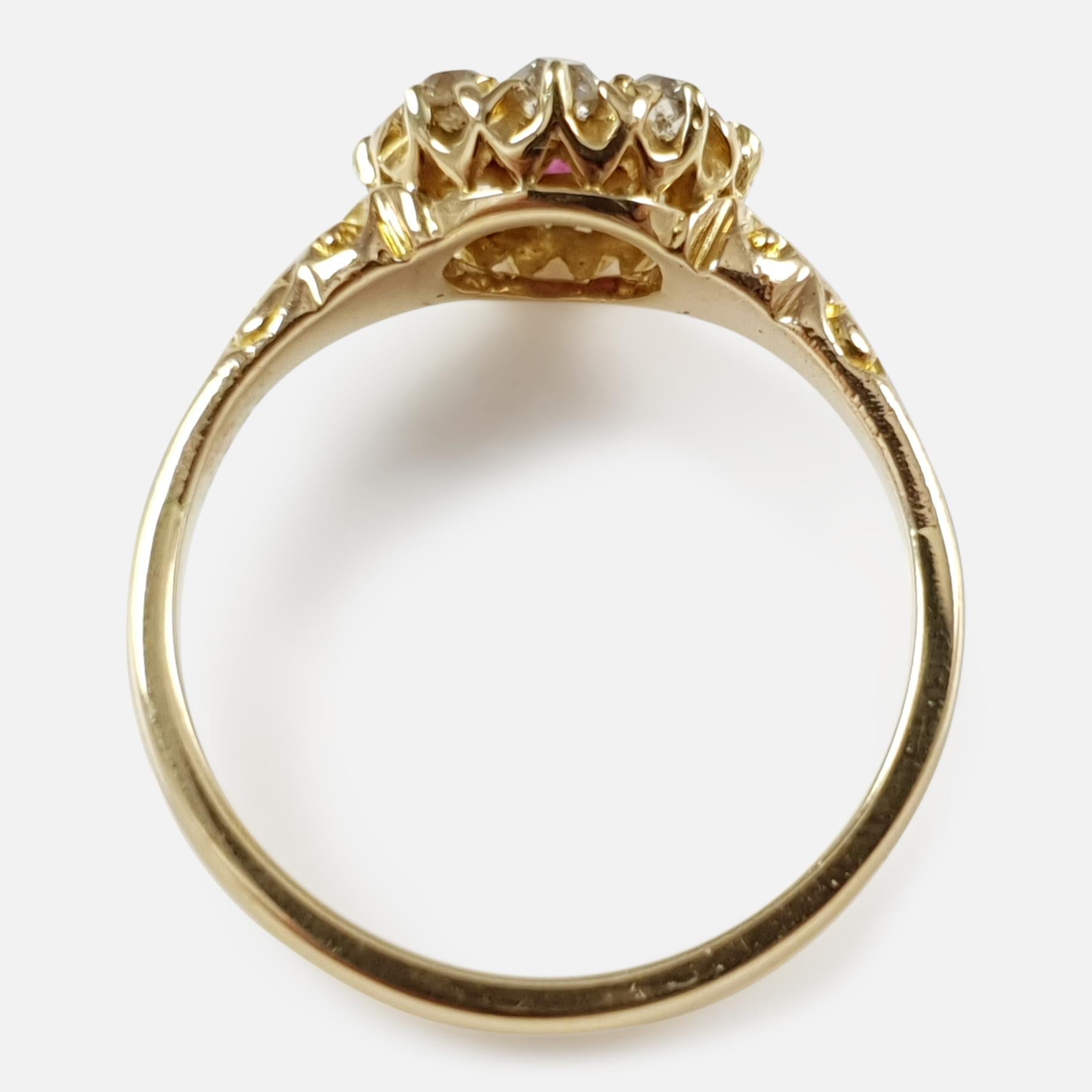 Antique 18 Karat Yellow Gold Edwardian Ruby and Diamond Cluster Ring 2