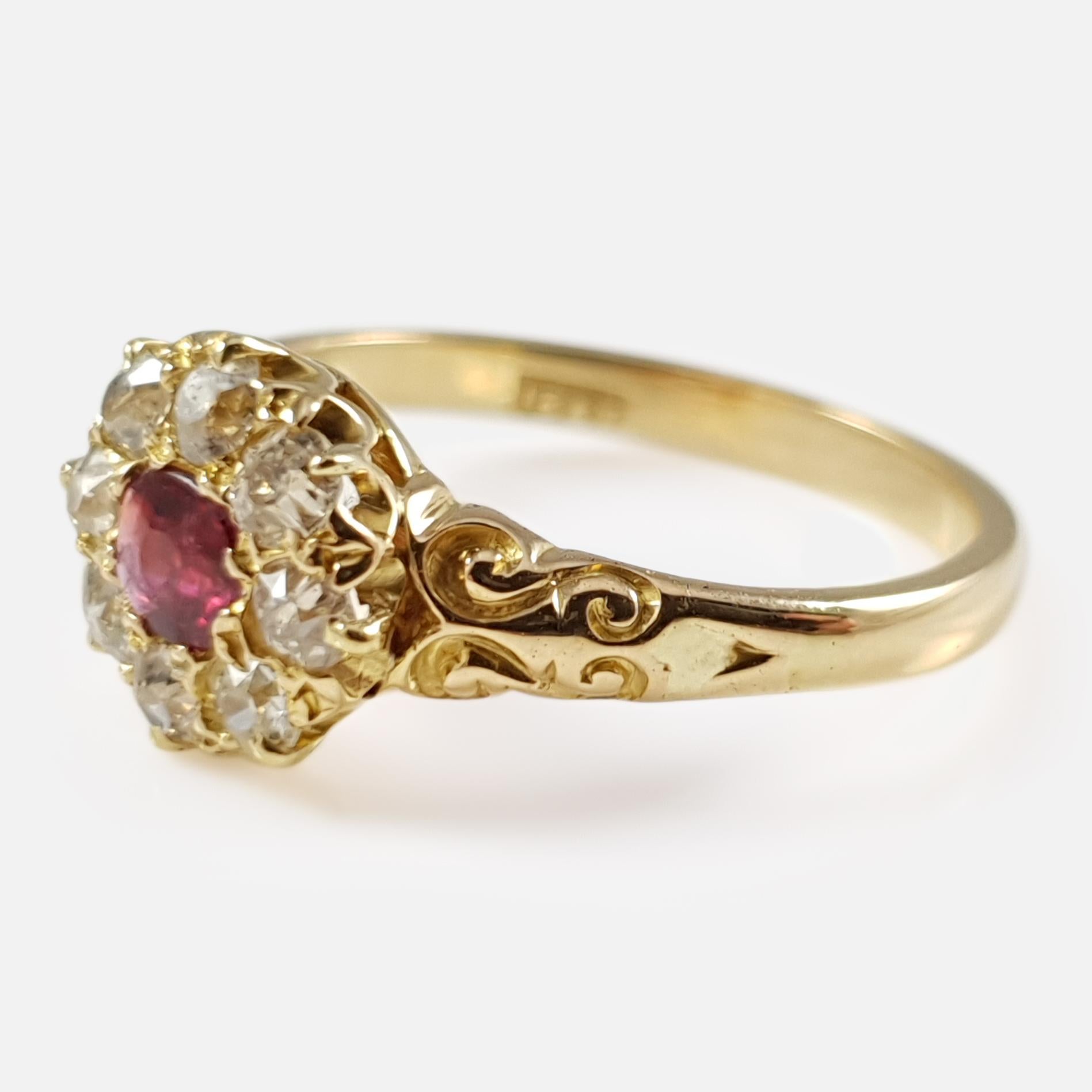 Antique 18 Karat Yellow Gold Edwardian Ruby and Diamond Cluster Ring 4