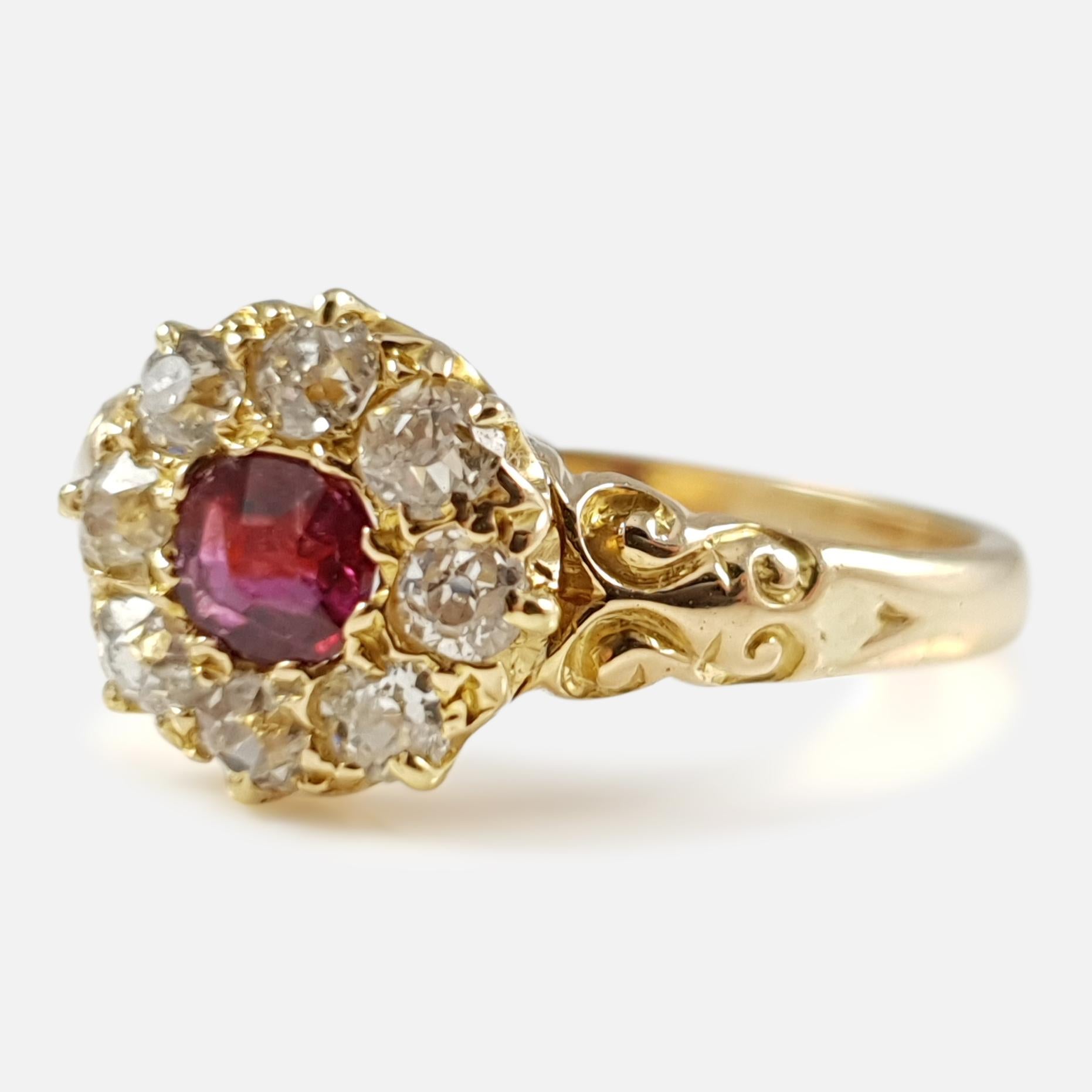 Antique 18 Karat Yellow Gold Edwardian Ruby and Diamond Cluster Ring 5