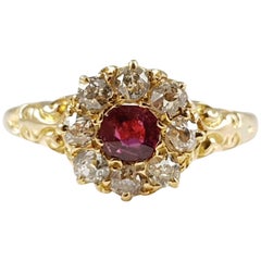 Antique 18 Karat Yellow Gold Edwardian Ruby and Diamond Cluster Ring