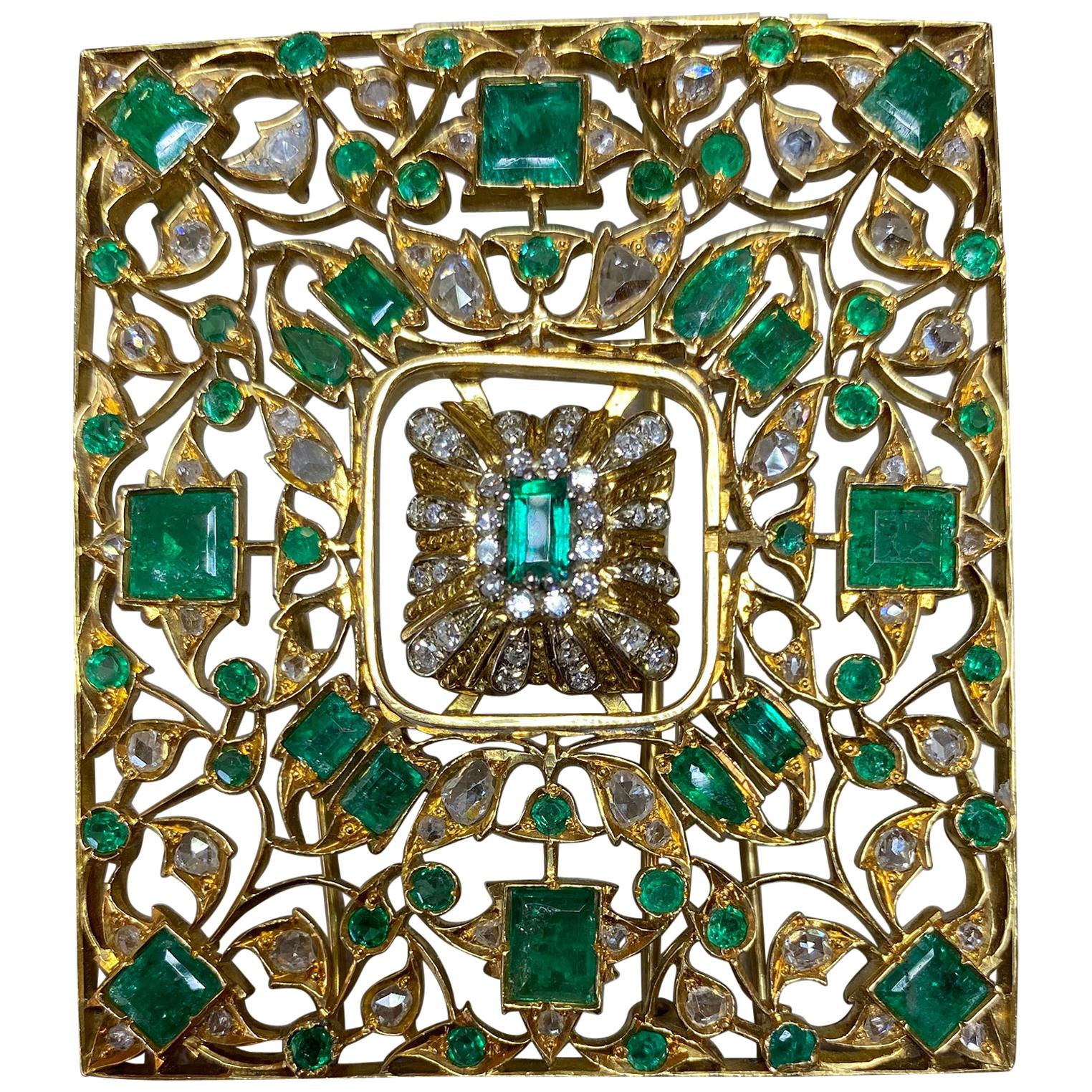 Antique 18 Karat Yellow Gold, Emerald and Diamond Brooch For Sale