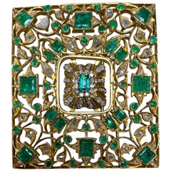 Antique 18 Karat Yellow Gold, Emerald and Diamond Brooch