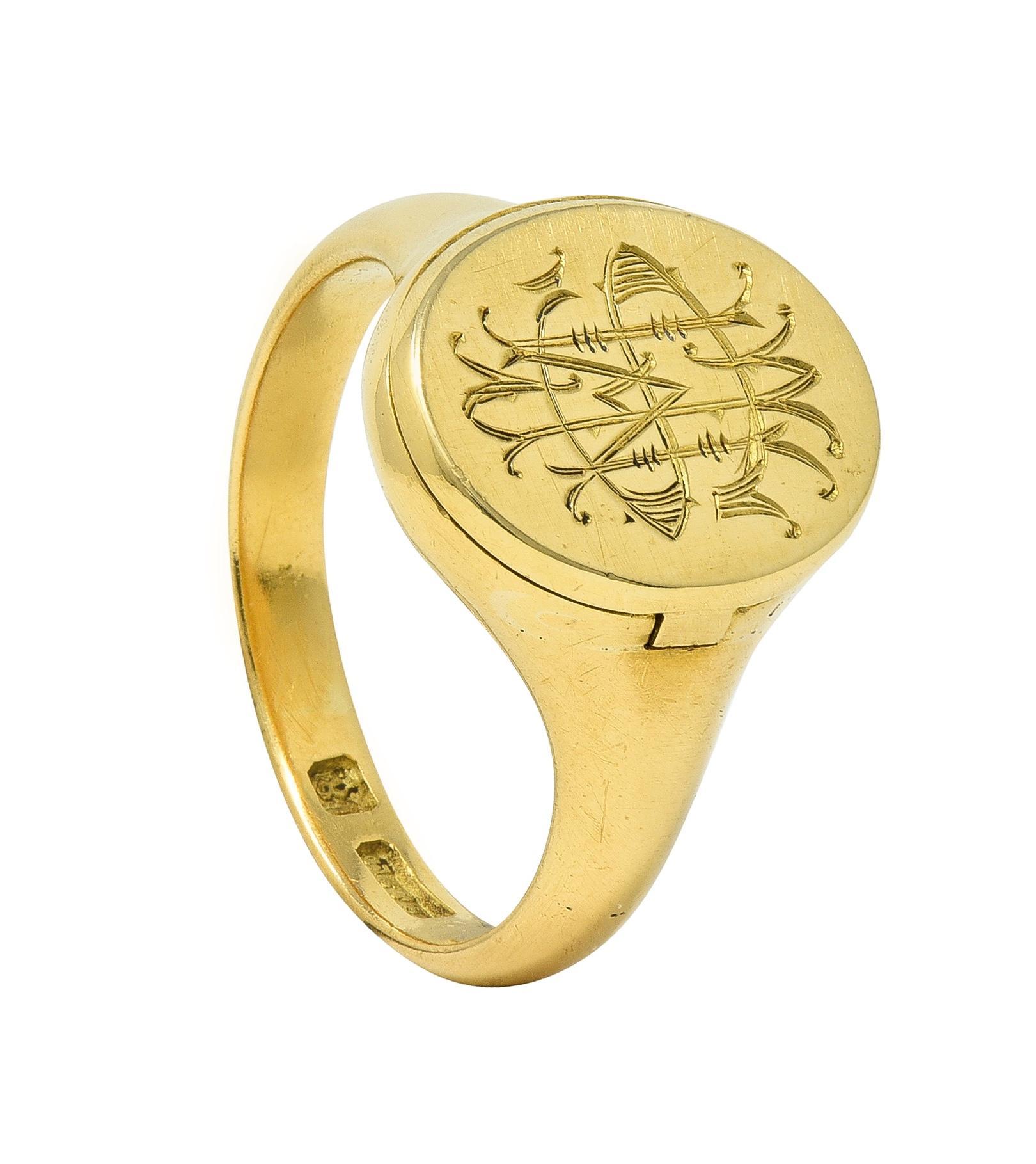 Antique 18 Karat Yellow Gold Monogram Signet Poison Hidden Compartment Ring For Sale 11