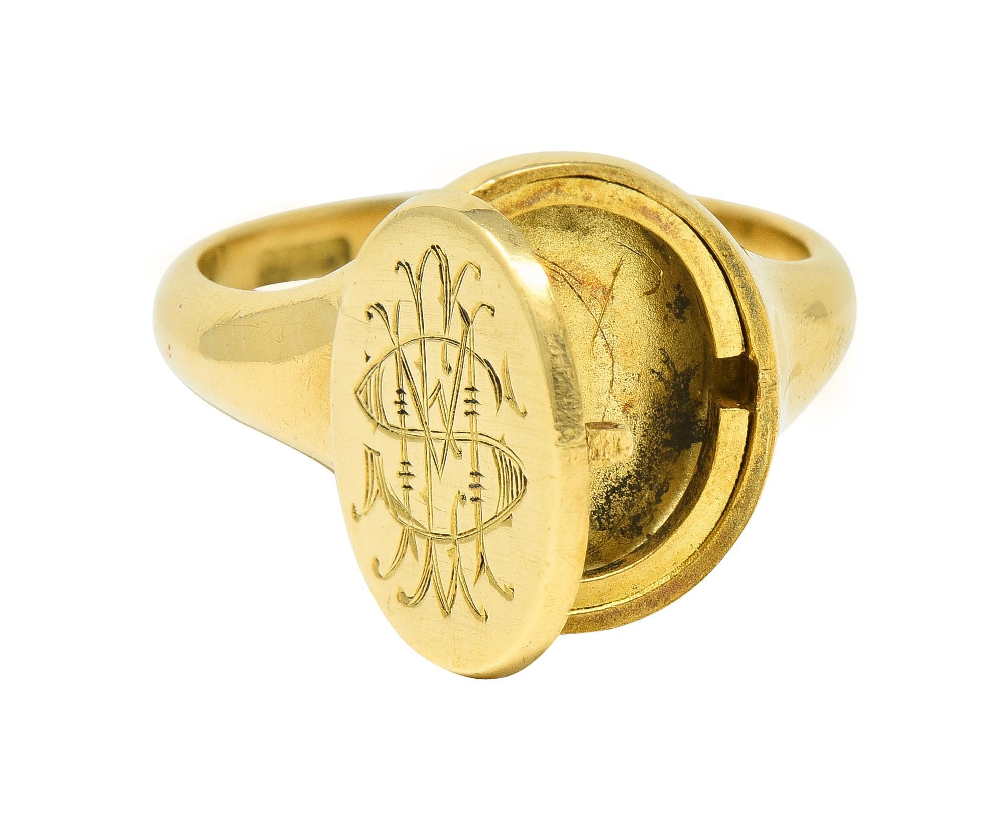 Antique 18 Karat Yellow Gold Monogram Signet Poison Hidden Compartment Ring In Excellent Condition For Sale In Philadelphia, PA